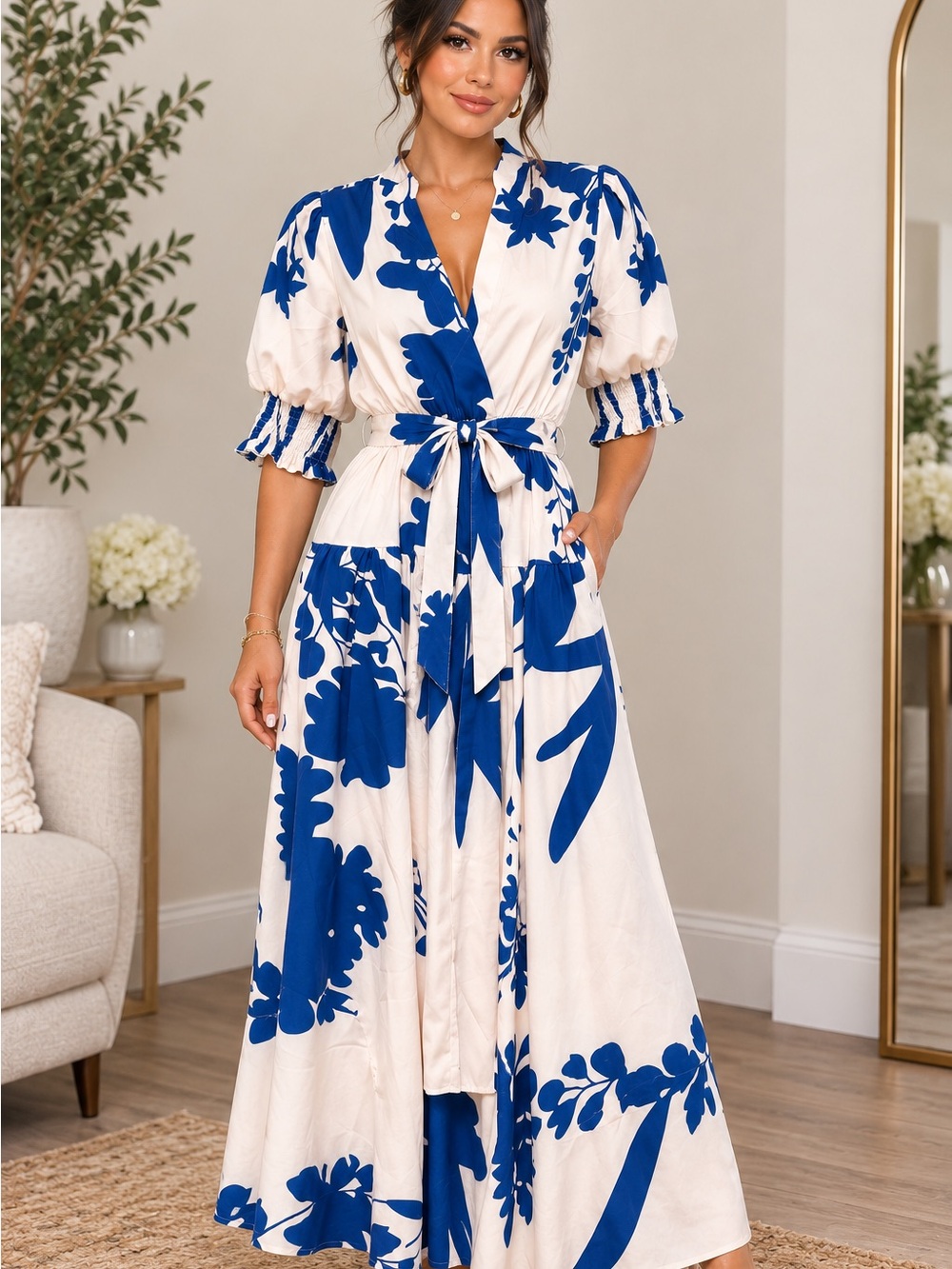 Elegant 🔥 Blue Floral Wrap Maxi Dress - Women's
